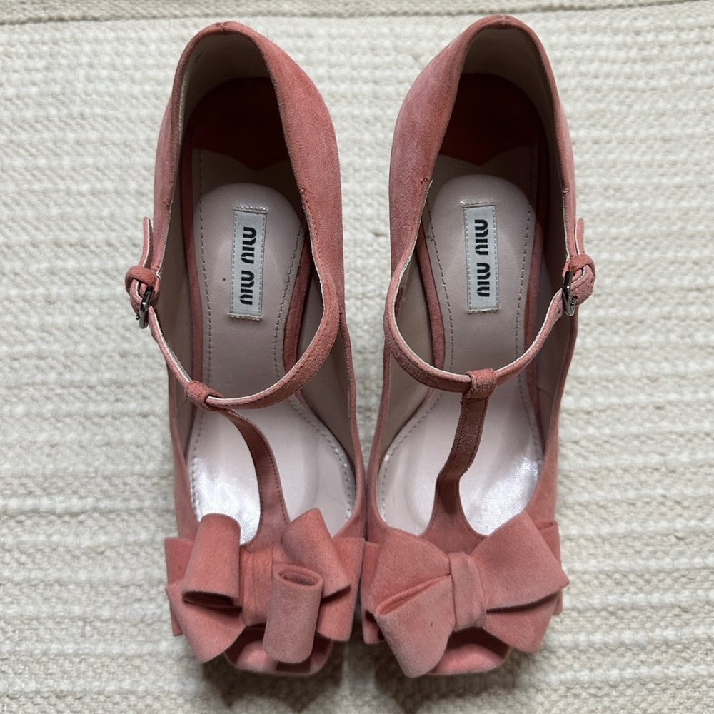 MIU MIU camelia pink suede leather Camoscio peep toe heels 38.5 Barbie - Picture 2 of 14